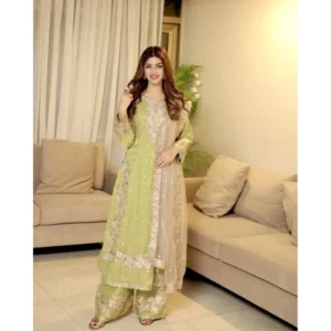 generic women's silk embroidered 3/4th sleeve round readymade kurti with palazzo pant and dupatta set (pista)