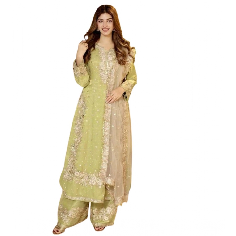 generic women's silk embroidered 3/4th sleeve round readymade kurti with palazzo pant and dupatta set (pista) generic women's silk embroidered 3/4th sleeve round readymade kurti with palazzo pant and dupatta set (pista)