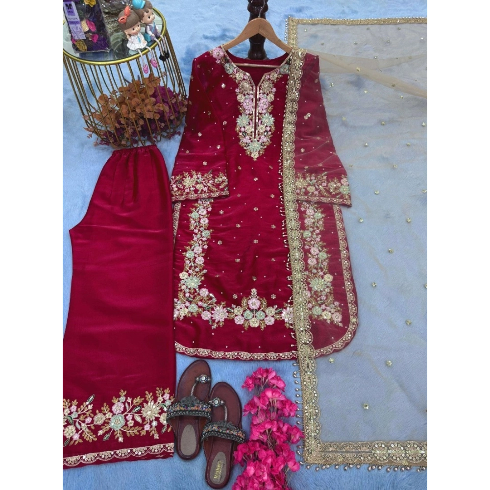 generic women's silk embroidered 3/4th sleeve round readymade kurti with palazzo pant and dupatta set (red) generic women's silk embroidered 3/4th sleeve round readymade kurti with palazzo pant and dupatta set (red)