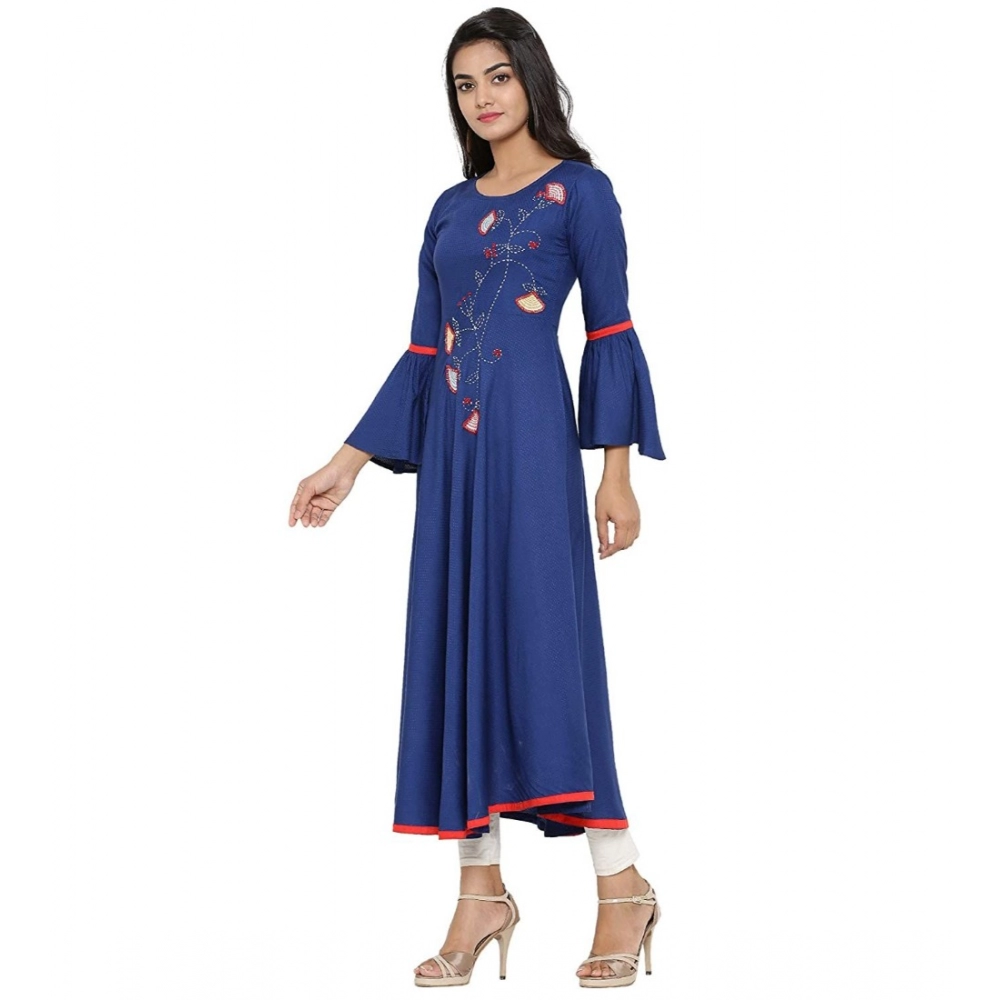 generic women's casual bell sleeves embroidery rayon kurti (blue) generic women's casual bell sleeves embroidery rayon kurti (blue)