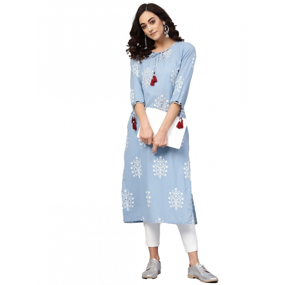 generic women's casual 3/4 th sleeve embroidery cambric cotton kurti (blue) generic women's casual 3/4 th sleeve embroidery cambric cotton kurti (blue)