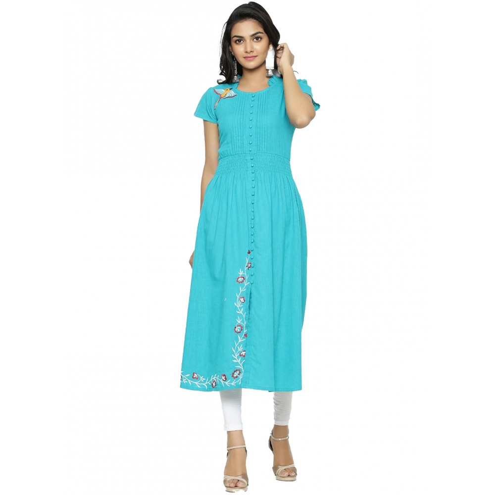 generic women's casual short sleeve embroidery cotton slub kurti (torque green) generic women's casual short sleeve embroidery cotton slub kurti (torque green)
