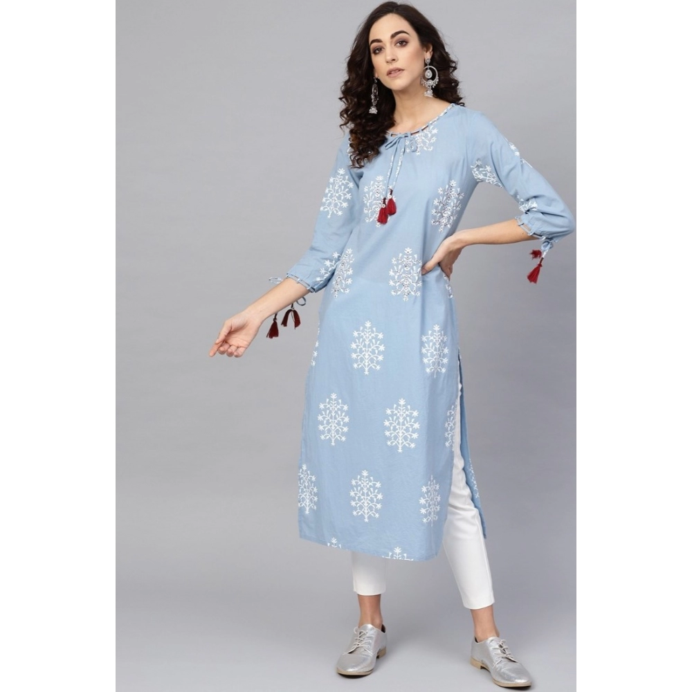 generic women's casual 3/4 th sleeve embroidery cambric cotton kurti (blue) generic women's casual 3/4 th sleeve embroidery cambric cotton kurti (blue)