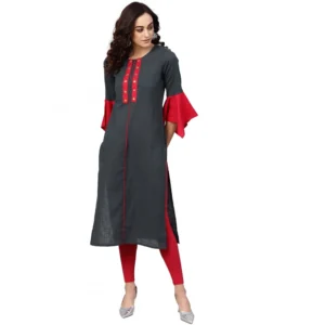 generic women's casual bell sleeves mirror work cotton slub kurti (grey)