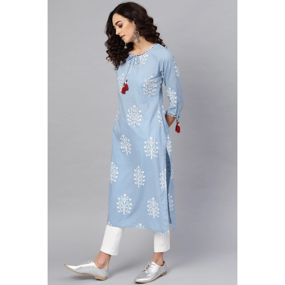 generic women's casual 3/4 th sleeve embroidery cambric cotton kurti (blue) generic women's casual 3/4 th sleeve embroidery cambric cotton kurti (blue)