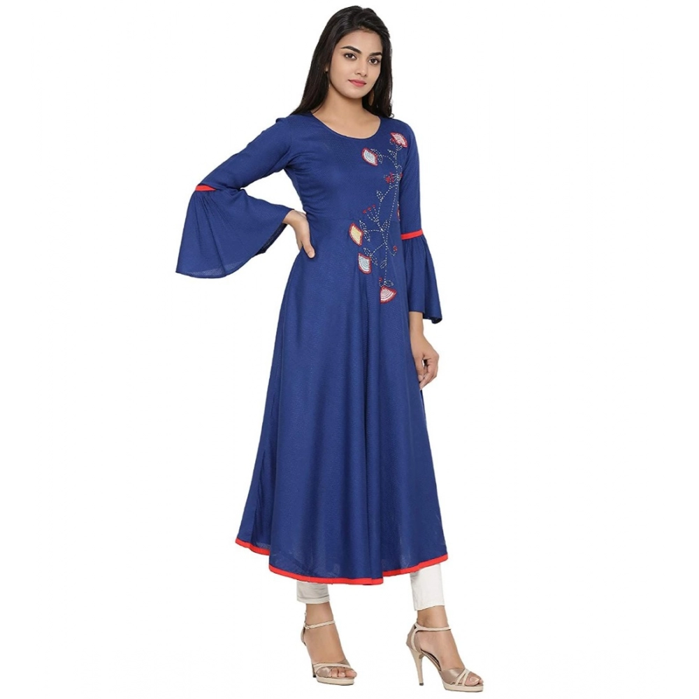 generic women's casual bell sleeves embroidery rayon kurti (blue) generic women's casual bell sleeves embroidery rayon kurti (blue)
