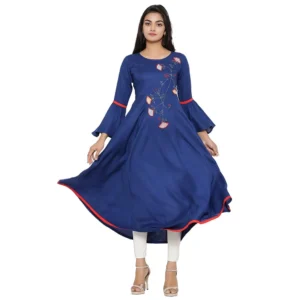 generic women's casual bell sleeves embroidery rayon kurti (blue)