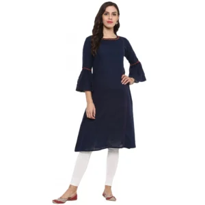 generic women's casual bell sleeves solid cotton slub kurti (blue)