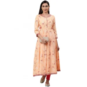 generic women's casual 3/4 th sleeve floral printed rayon kurti (peach)