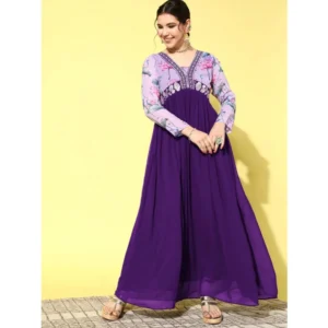 generic women's georgette embroidery 3 4th sleeve v neck kurti (purple)
