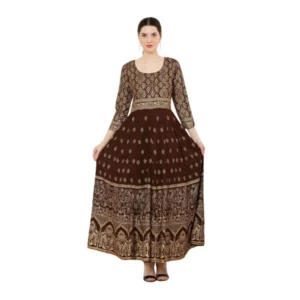 generic women's casual rayon 3 4th sleeves anarkali kurti (brown)