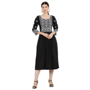 generic women's casual rayon 3 4th sleeves kurti (black)